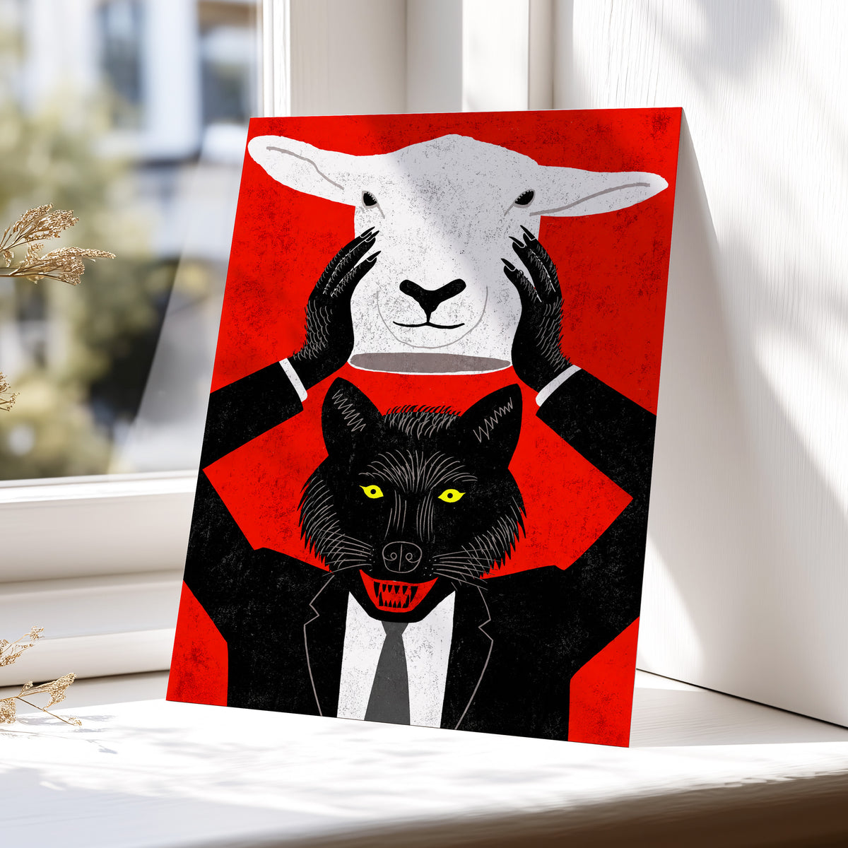 Wolf in Sheep's Clothing, red, black, white nature wall art displayed in a styled interior, gallery view 6