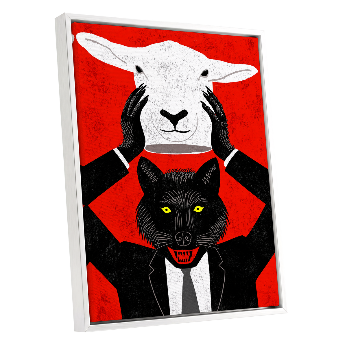 Wolf in Sheep's Clothing, red, black, white nature wall art shown as a white framed canvas wall art