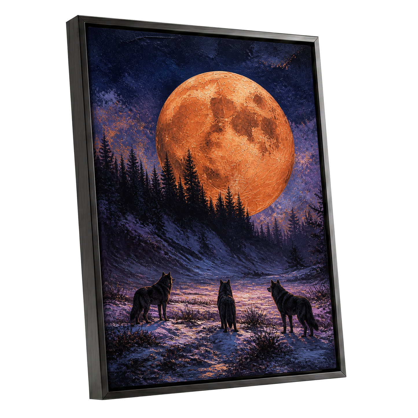 Wolves Beneath Ember Moon, black, blue, orange nature wall art shown as a black framed canvas wall art