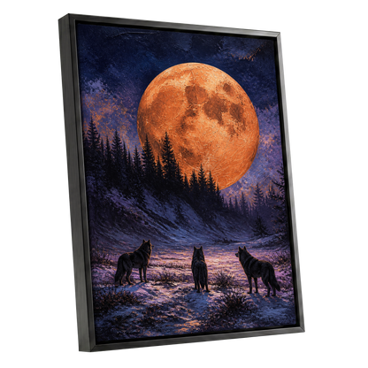 Wolves Beneath Ember Moon, black, blue, orange nature wall art shown as a black framed canvas wall art
