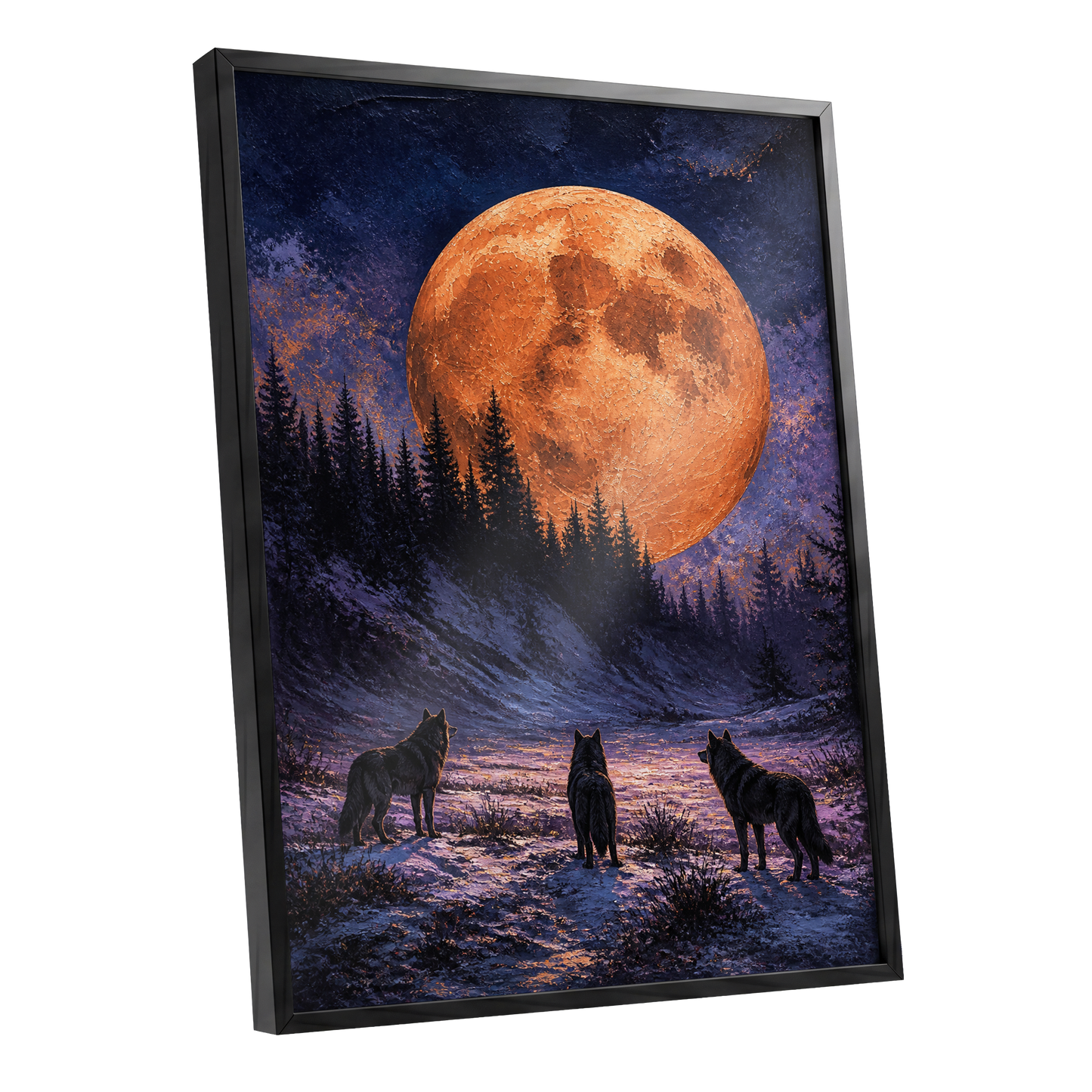 Wolves Beneath Ember Moon, black, blue, orange nature wall art shown as a black framed poster wall art print