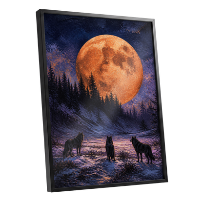 Wolves Beneath Ember Moon, black, blue, orange nature wall art shown as a black framed poster wall art print