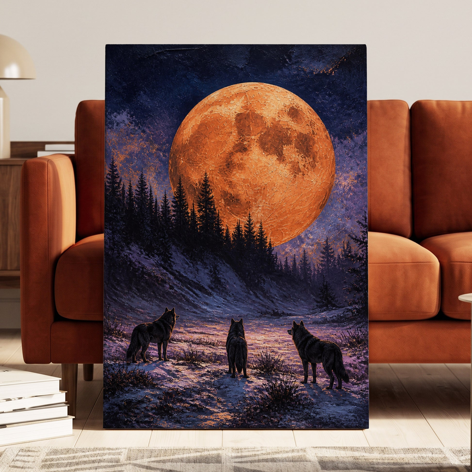 Wolves Beneath Ember Moon, black, blue, orange nature wall art on canvas displayed in a styled interior, gallery view 1