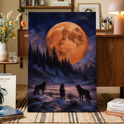 Wolves Beneath Ember Moon, orange, blue, black nature wall art on canvas displayed in a styled interior, gallery view 1