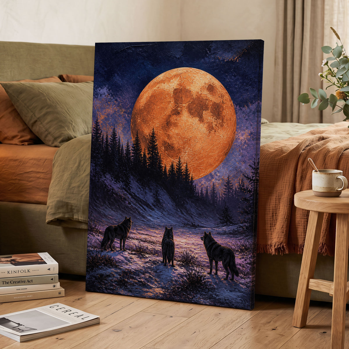 Wolves Beneath Ember Moon, black, blue, orange nature wall art on canvas displayed in a styled interior, gallery view 2