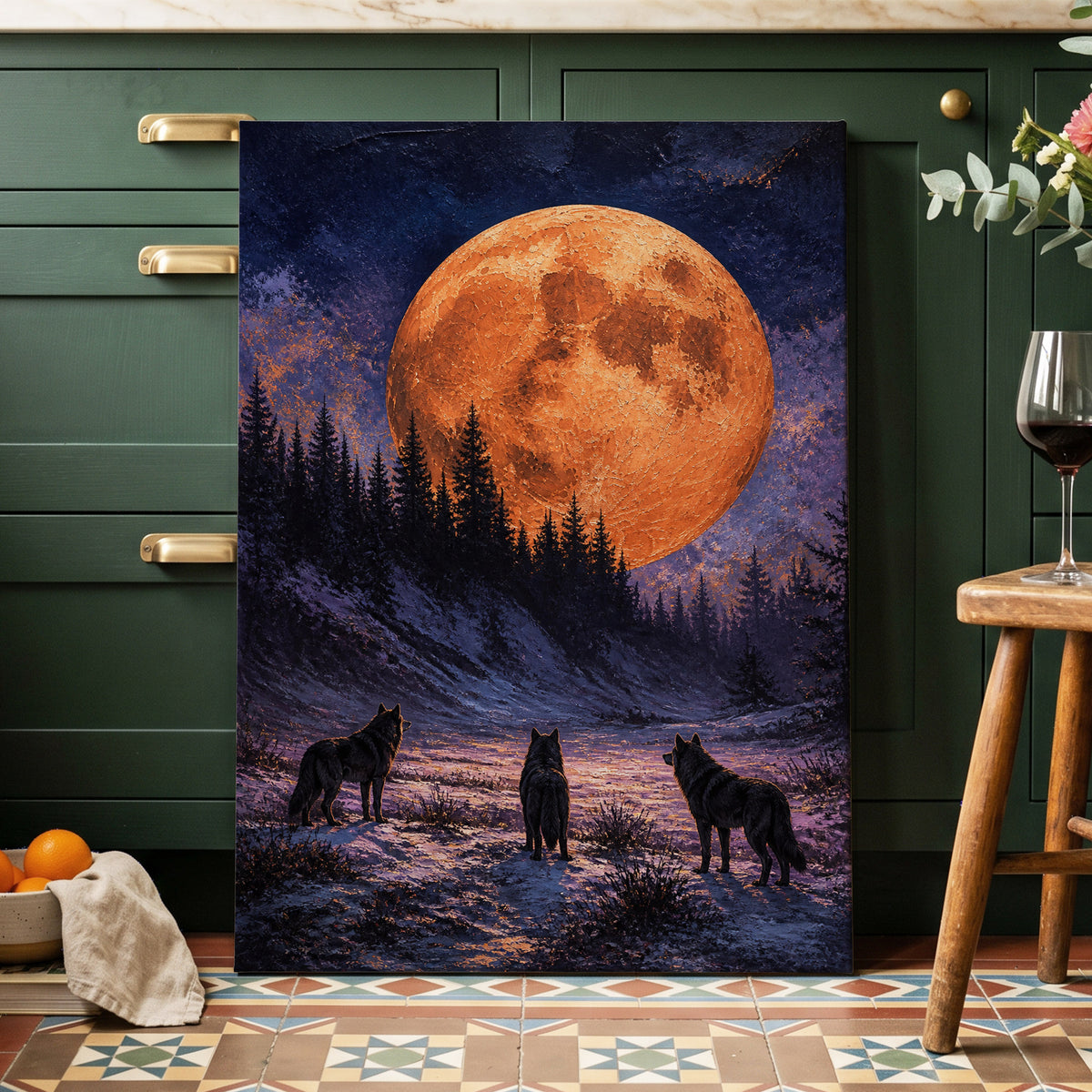 Wolves Beneath Ember Moon, orange, blue, black nature wall art on canvas displayed in a styled interior, gallery view 2