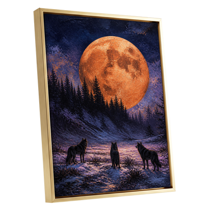 Wolves Beneath Ember Moon, black, blue, orange nature wall art shown as a gold framed canvas wall art
