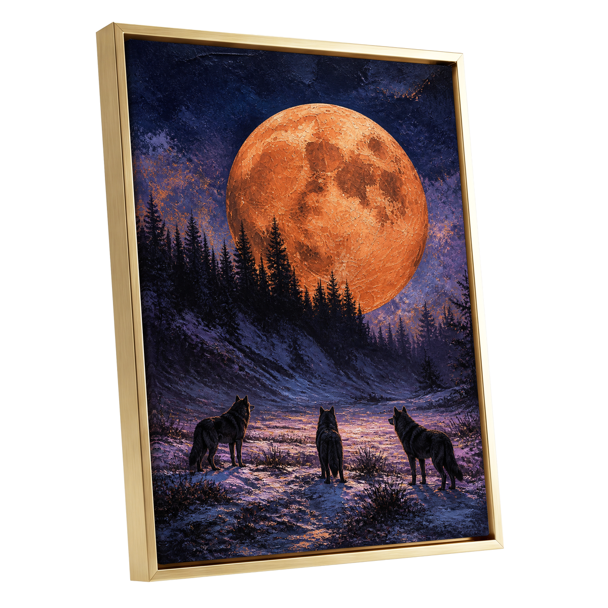 Wolves Beneath Ember Moon, orange, blue, black nature wall art shown as a gold framed canvas wall art