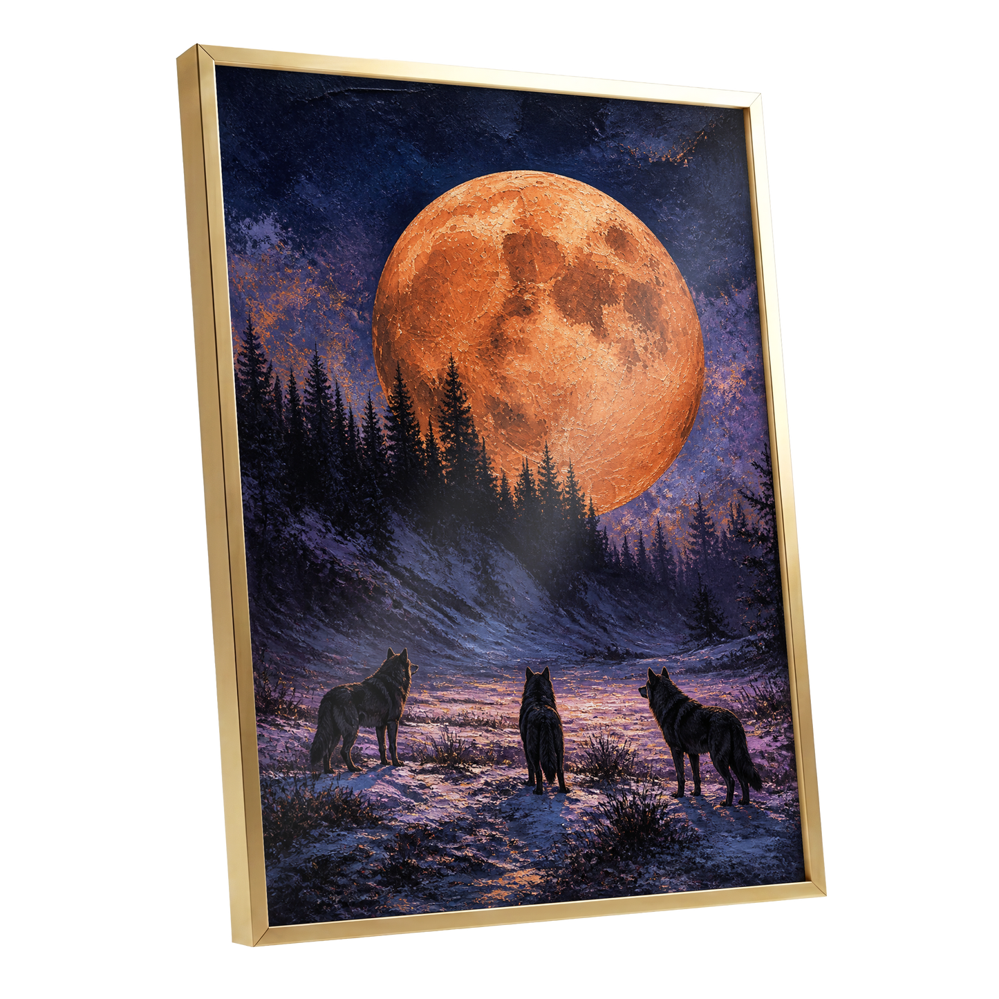 Wolves Beneath Ember Moon, black, blue, orange nature wall art shown as a gold framed poster wall art print