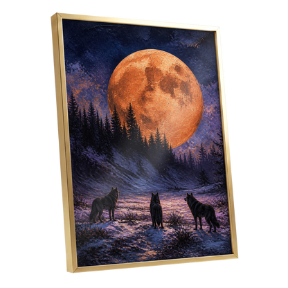 Wolves Beneath Ember Moon, orange, blue, black nature wall art shown as a gold framed poster wall art print
