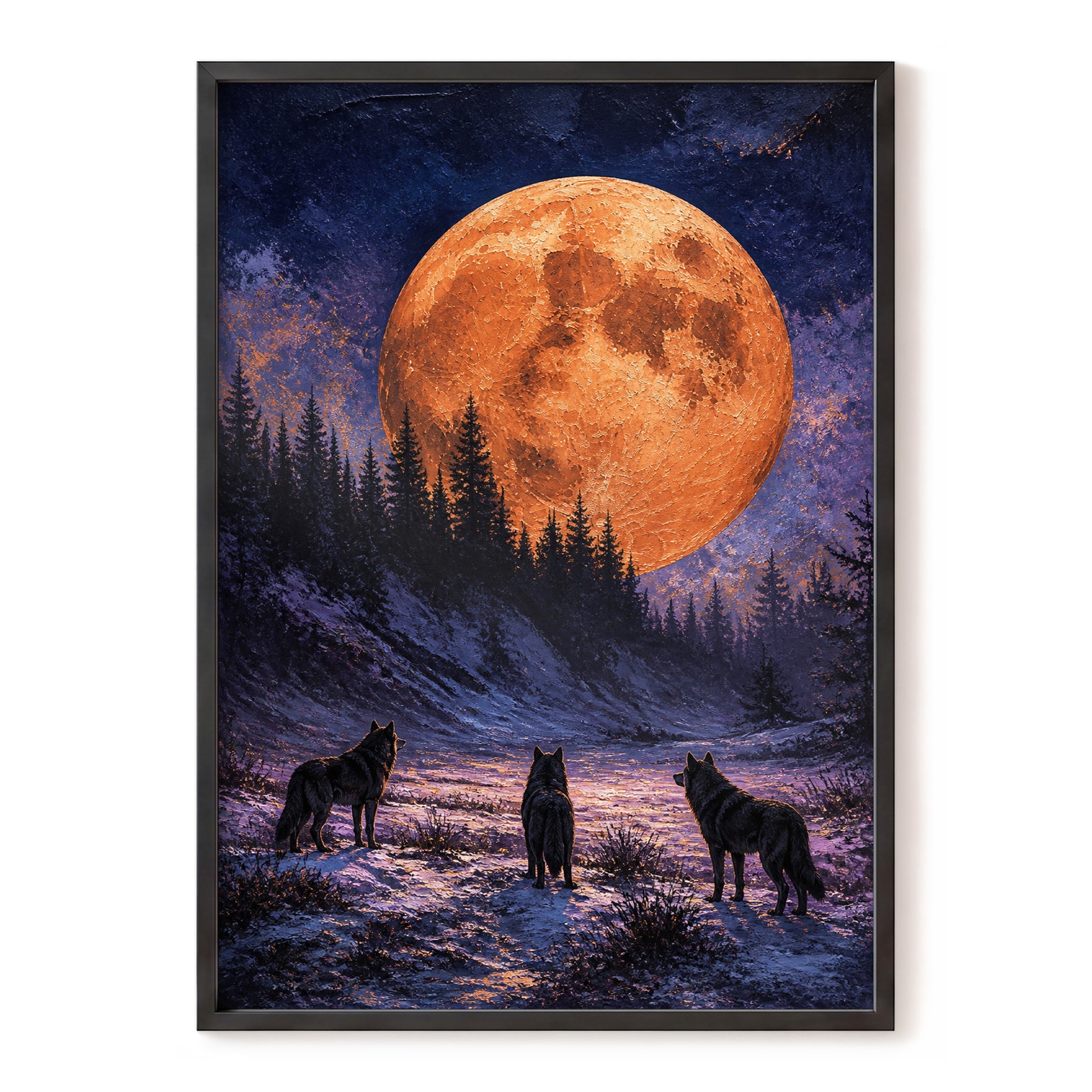 Wolves Beneath Ember Moon, black, blue, orange nature wall art, front artwork view