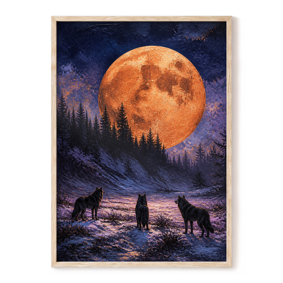 Wolves Beneath Ember Moon, orange, blue, black nature wall art, front artwork view