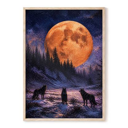 Wolves Beneath Ember Moon, orange, blue, black nature wall art, front artwork view
