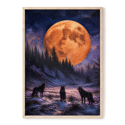Wolves Beneath Ember Moon, orange, blue, black nature wall art, front artwork view