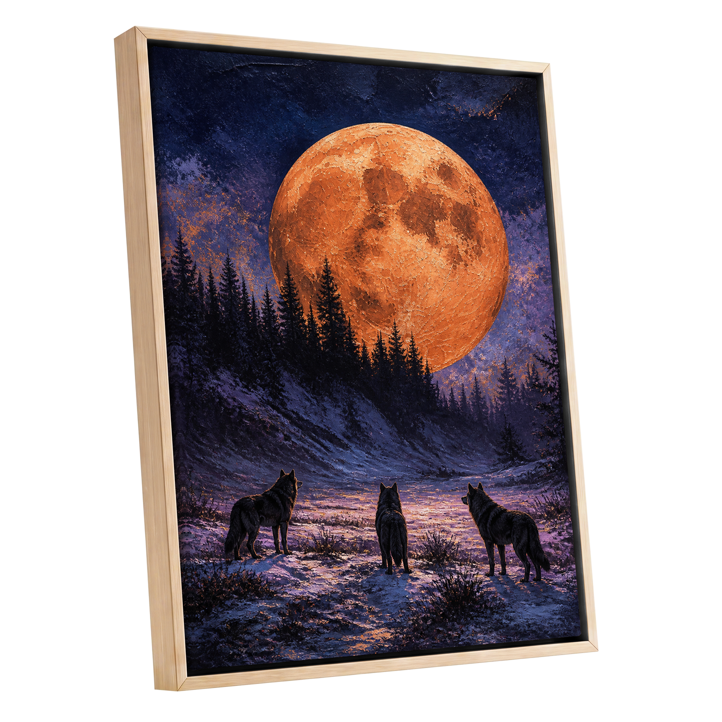 Wolves Beneath Ember Moon, black, blue, orange nature wall art shown as a oak framed canvas wall art