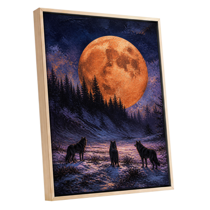 Wolves Beneath Ember Moon, black, blue, orange nature wall art shown as a oak framed canvas wall art