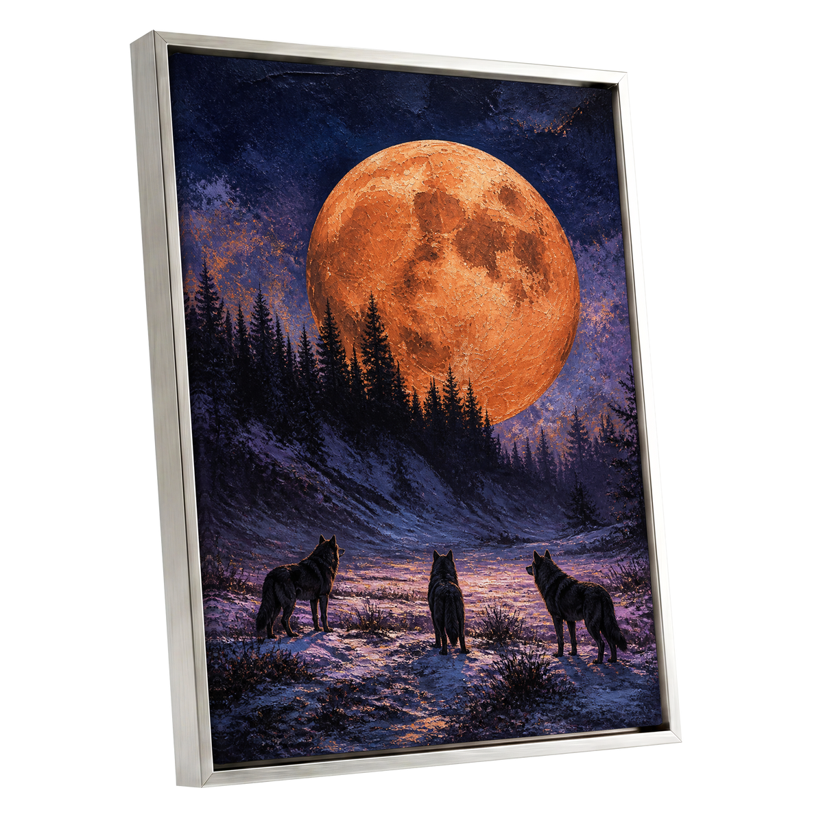 Wolves Beneath Ember Moon, orange, blue, black nature wall art shown as a silver framed canvas wall art