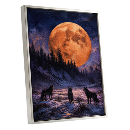 Wolves Beneath Ember Moon, orange, blue, black nature wall art shown as a silver framed canvas wall art