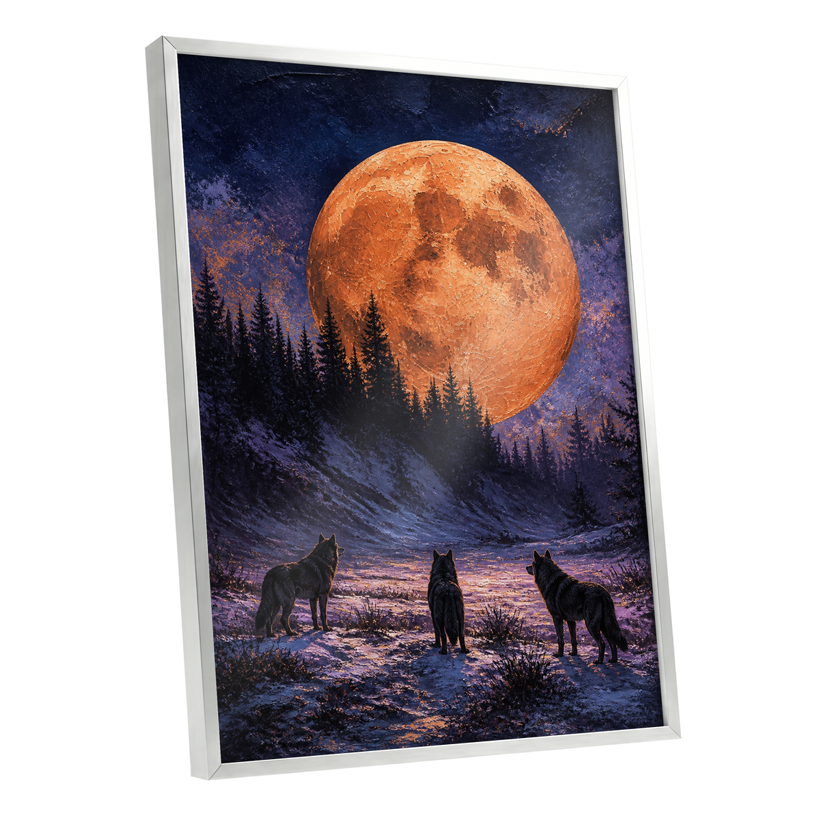Wolves Beneath Ember Moon, black, blue, orange nature wall art shown as a silver framed poster wall art print