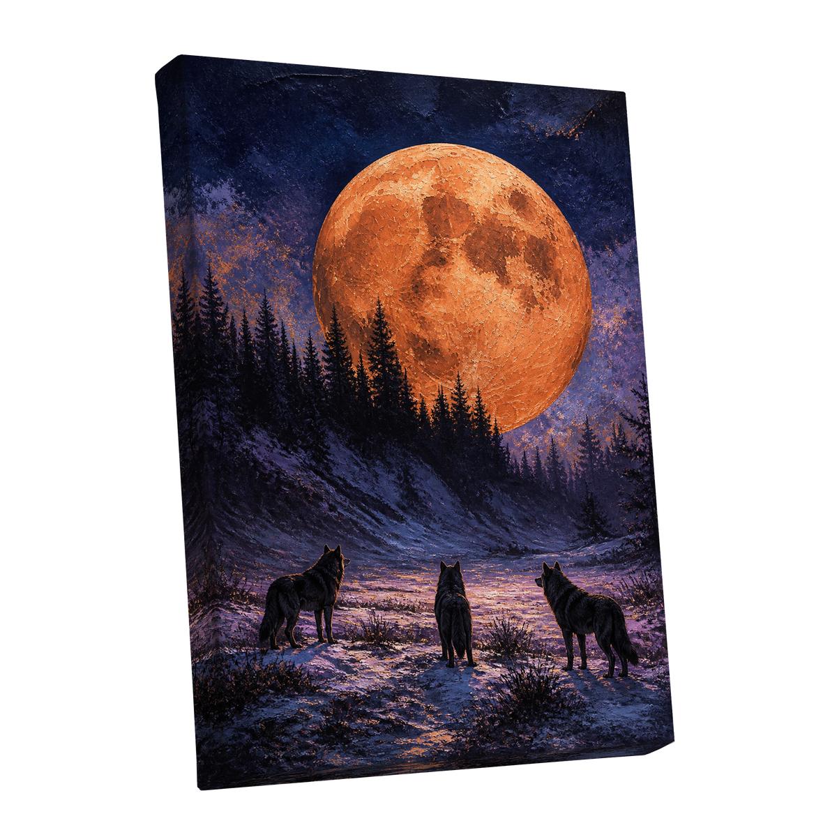 Wolves Beneath Ember Moon, black, blue, orange nature wall art shown as a stretched canvas wall art