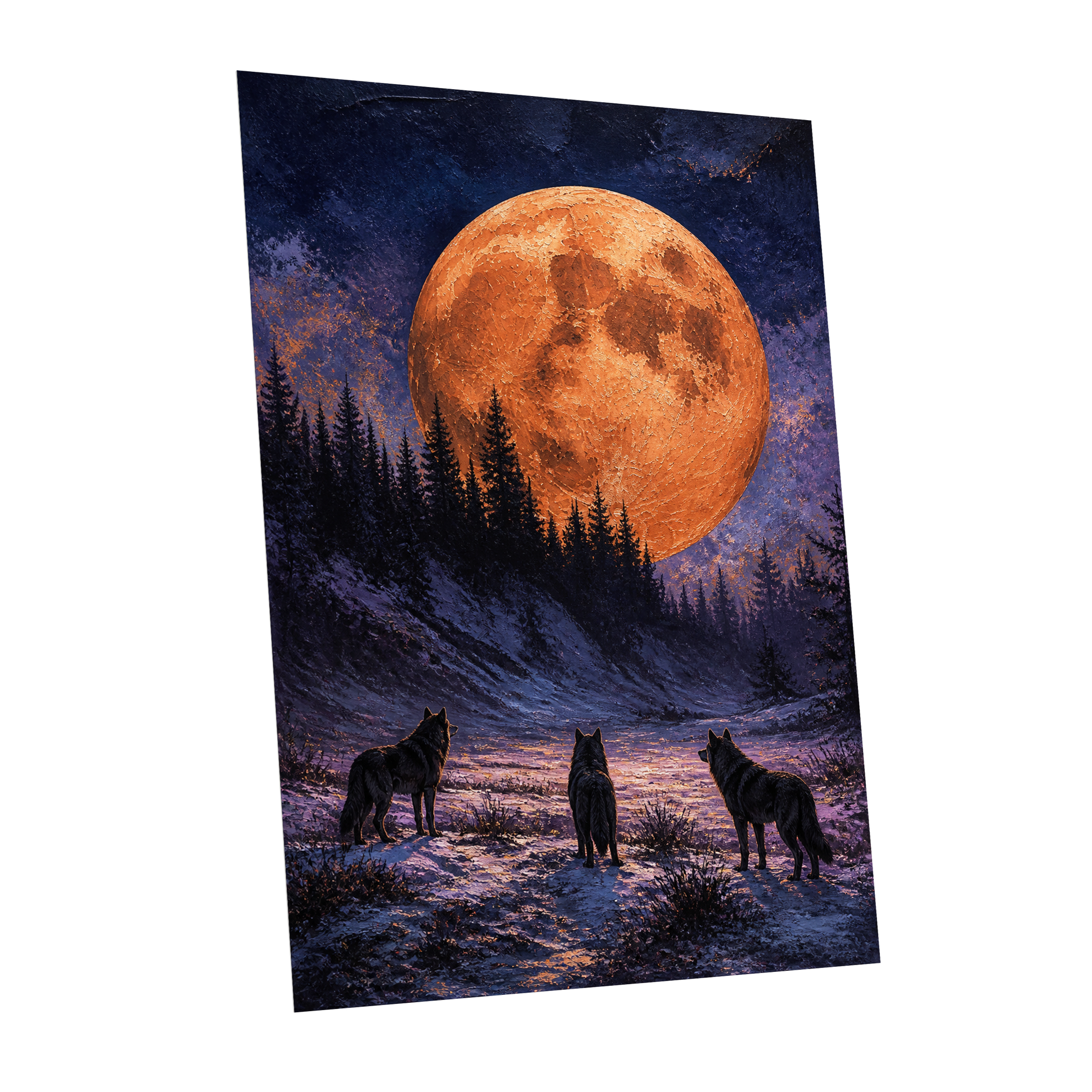 Wolves Beneath Ember Moon, black, blue, orange nature wall art shown as a unframed poster wall art print