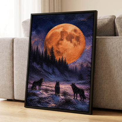 Wolves Beneath Ember Moon, black, blue, orange nature wall art displayed in a styled interior, gallery view 1