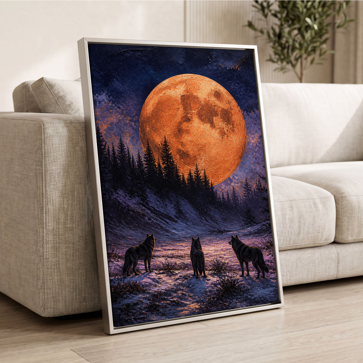 Wolves Beneath Ember Moon, orange, blue, black nature wall art displayed in a styled interior, gallery view 1