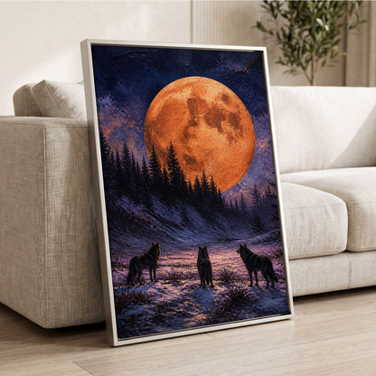 Wolves Beneath Ember Moon, orange, blue, black nature wall art displayed in a styled interior, gallery view 1
