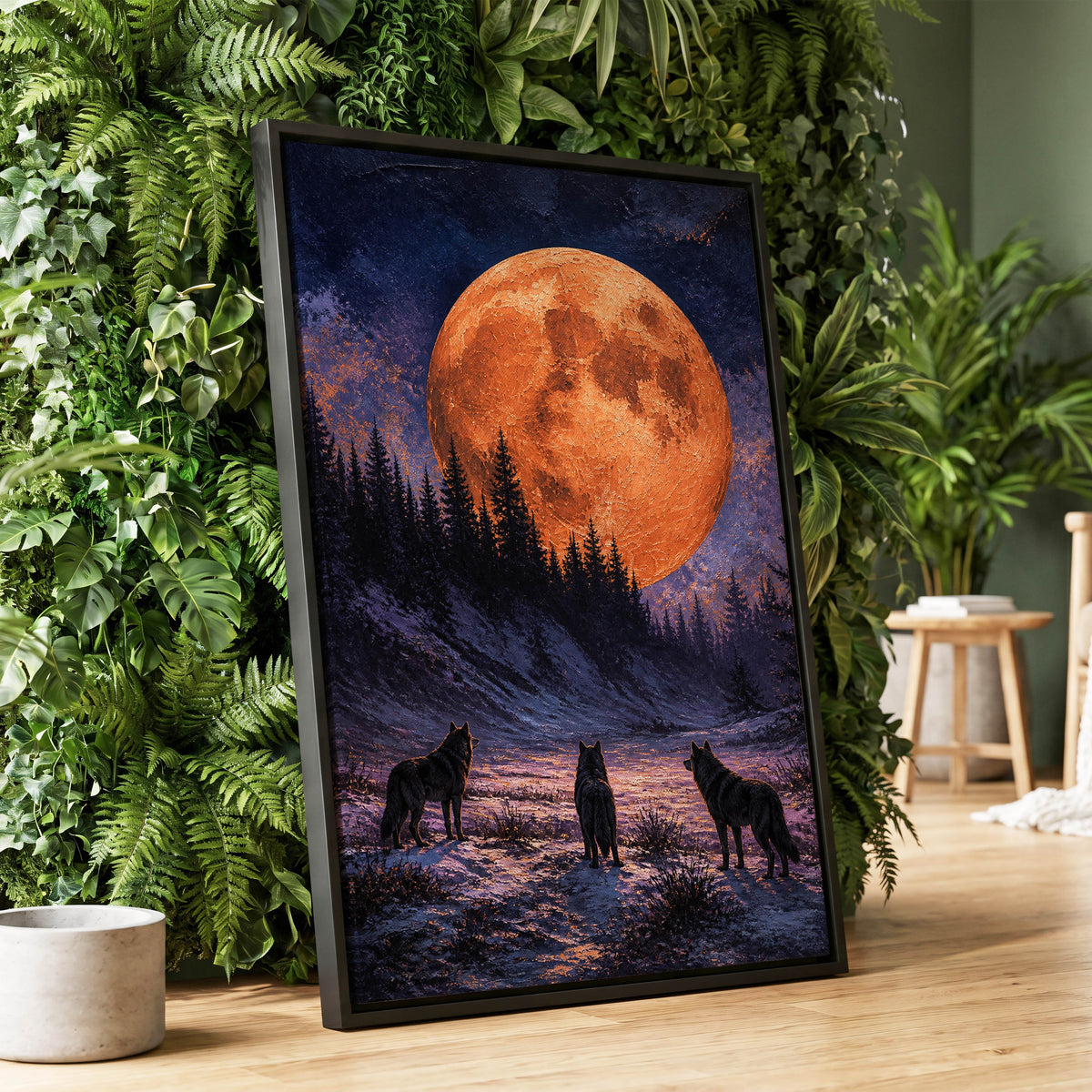Wolves Beneath Ember Moon, black, blue, orange nature wall art displayed in a styled interior, gallery view 2