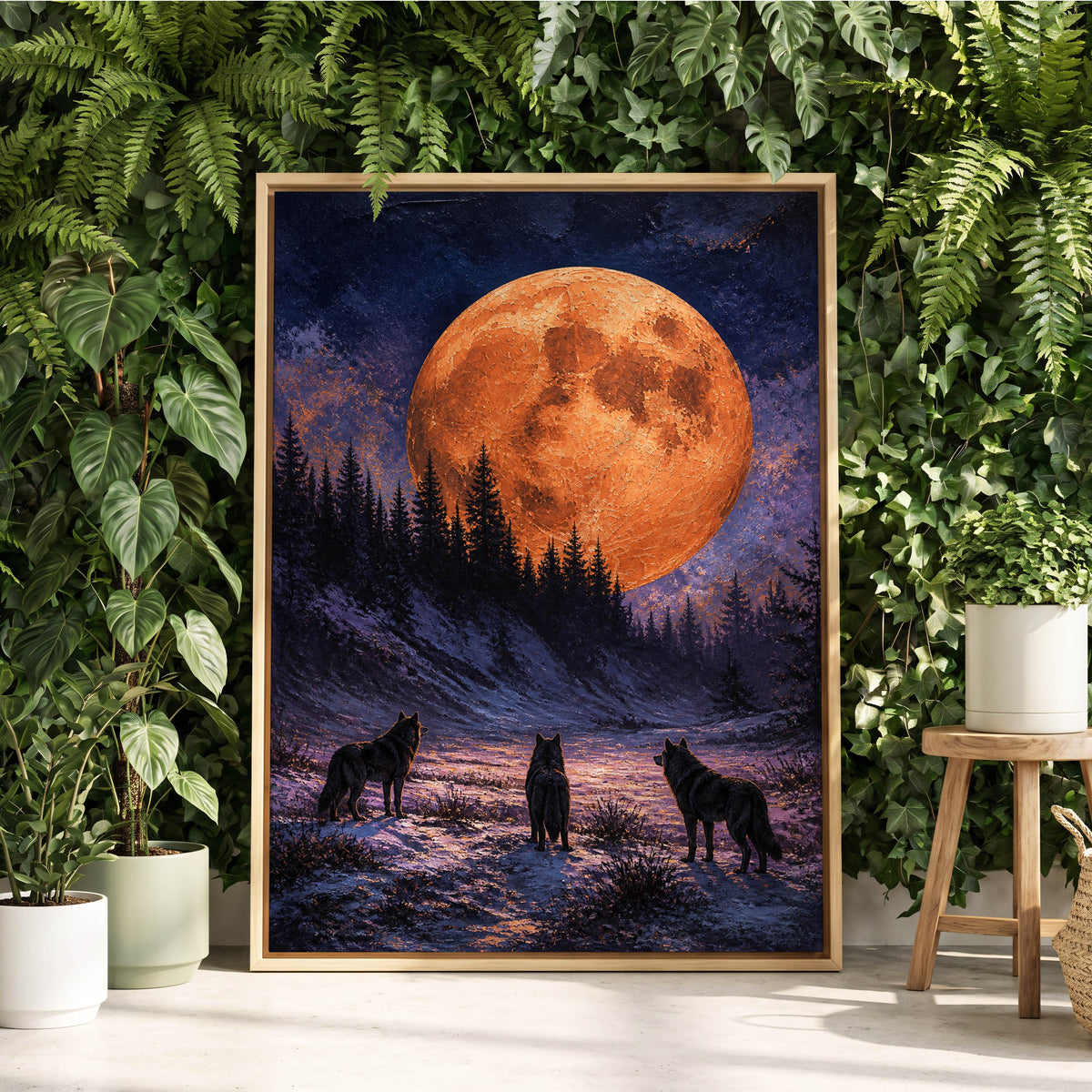 Wolves Beneath Ember Moon, orange, blue, black nature wall art displayed in a styled interior, gallery view 2
