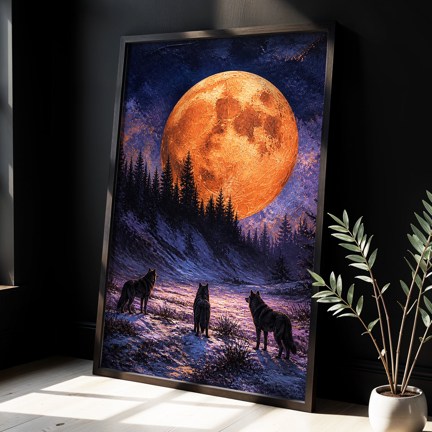 Wolves Beneath Ember Moon, black, blue, orange nature wall art displayed in a styled interior, gallery view 3