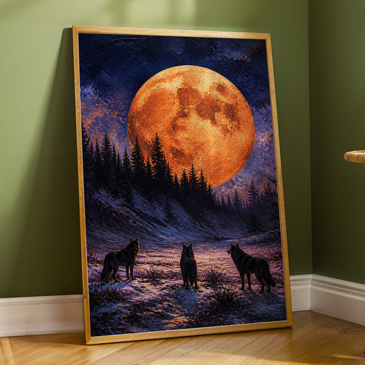 Wolves Beneath Ember Moon, orange, blue, black nature wall art displayed in a styled interior, gallery view 3