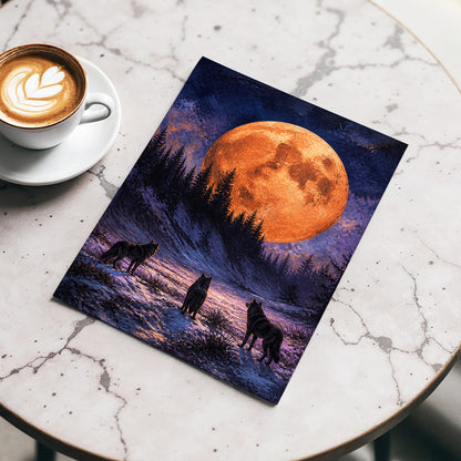 Wolves Beneath Ember Moon, black, blue, orange nature wall art displayed in a styled interior, gallery view 4