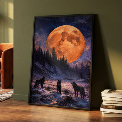 Wolves Beneath Ember Moon, black, blue, orange nature wall art displayed in a styled interior, gallery view 5