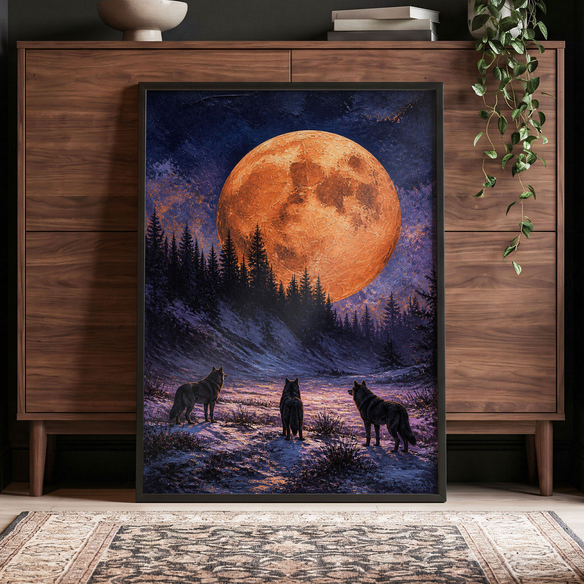 Wolves Beneath Ember Moon, orange, blue, black nature wall art displayed in a styled interior, gallery view 5