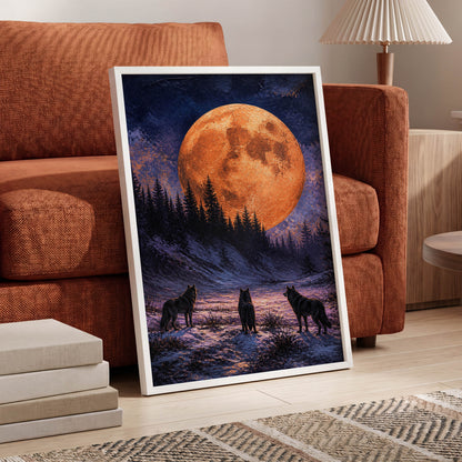 Wolves Beneath Ember Moon, black, blue, orange nature wall art displayed in a styled interior, gallery view 6