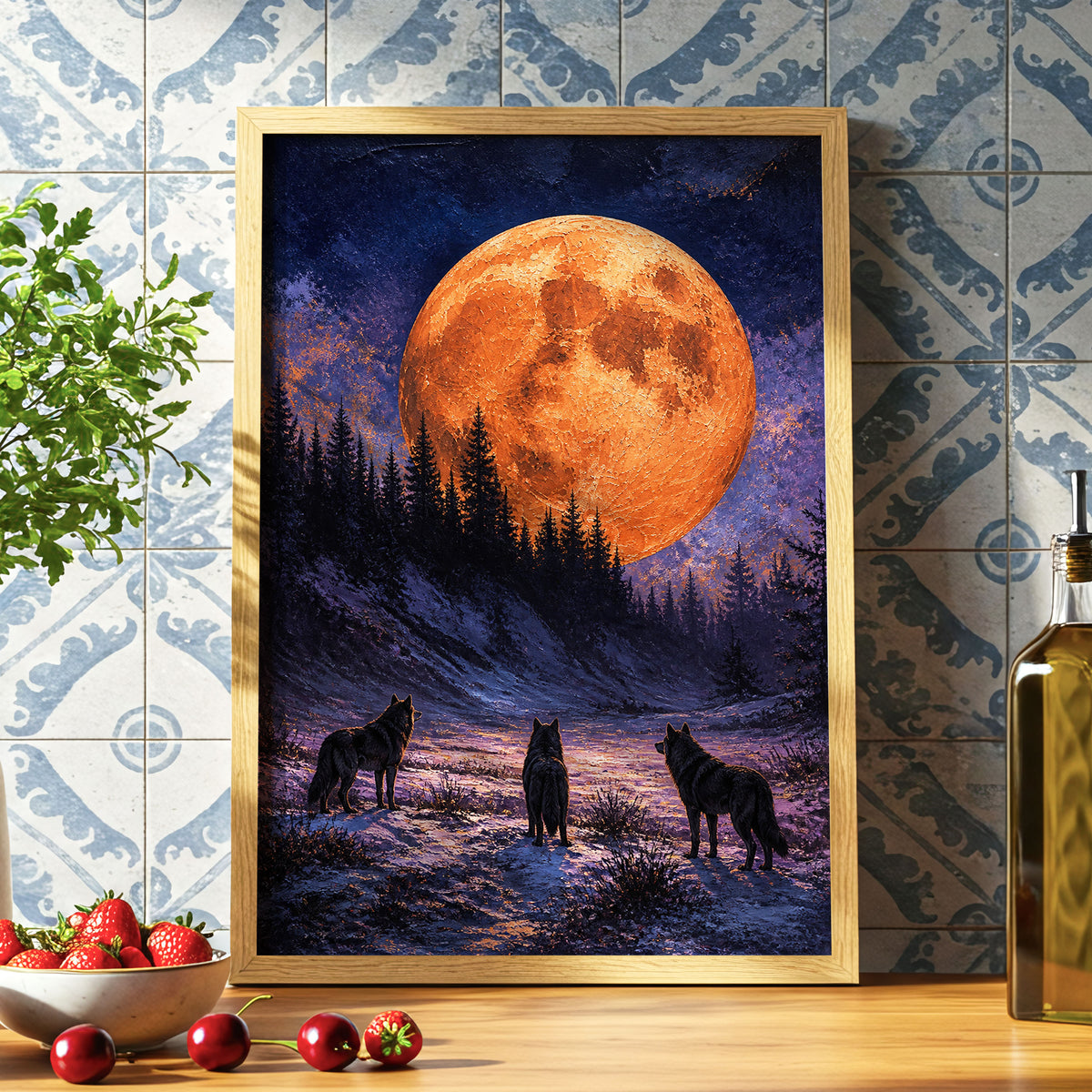 Wolves Beneath Ember Moon, orange, blue, black nature wall art displayed in a styled interior, gallery view 6