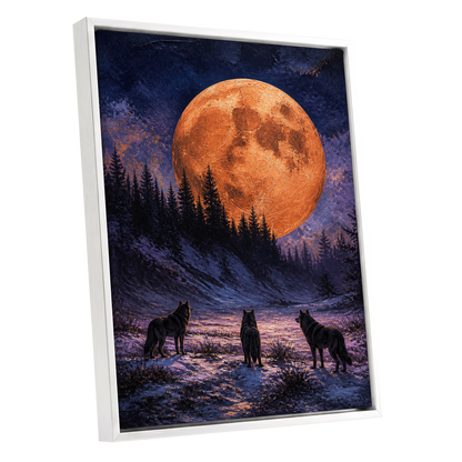 Wolves Beneath Ember Moon, black, blue, orange nature wall art shown as a white framed canvas wall art