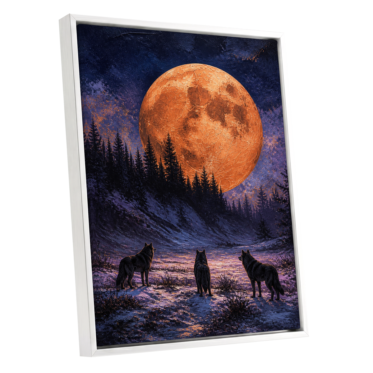 Wolves Beneath Ember Moon, orange, blue, black nature wall art shown as a white framed canvas wall art
