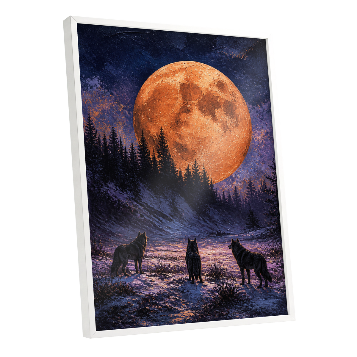 Wolves Beneath Ember Moon, black, blue, orange nature wall art shown as a white framed poster wall art print