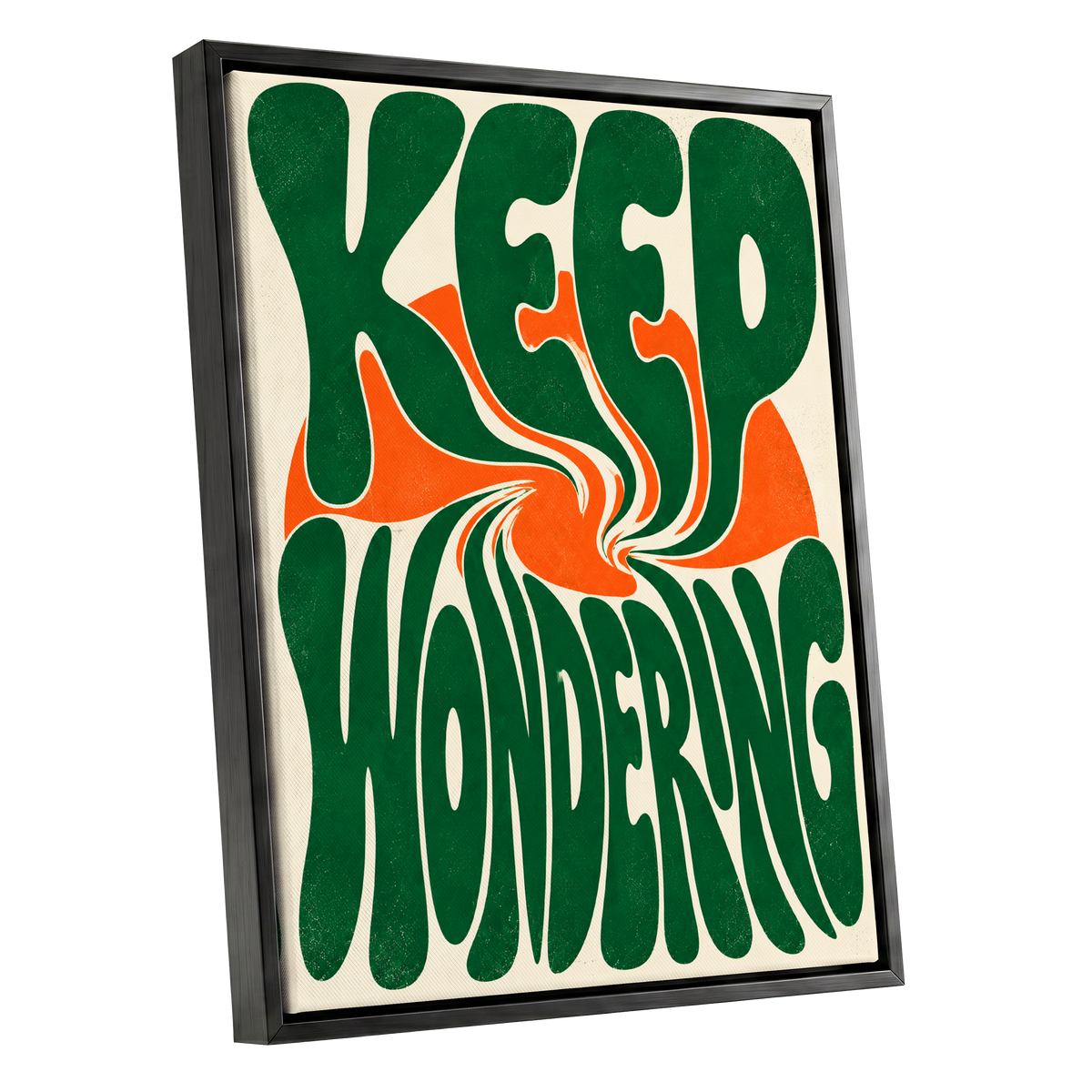 Wonder in a Whirl, green, orange, beige abstract wall art shown as a black framed canvas wall art
