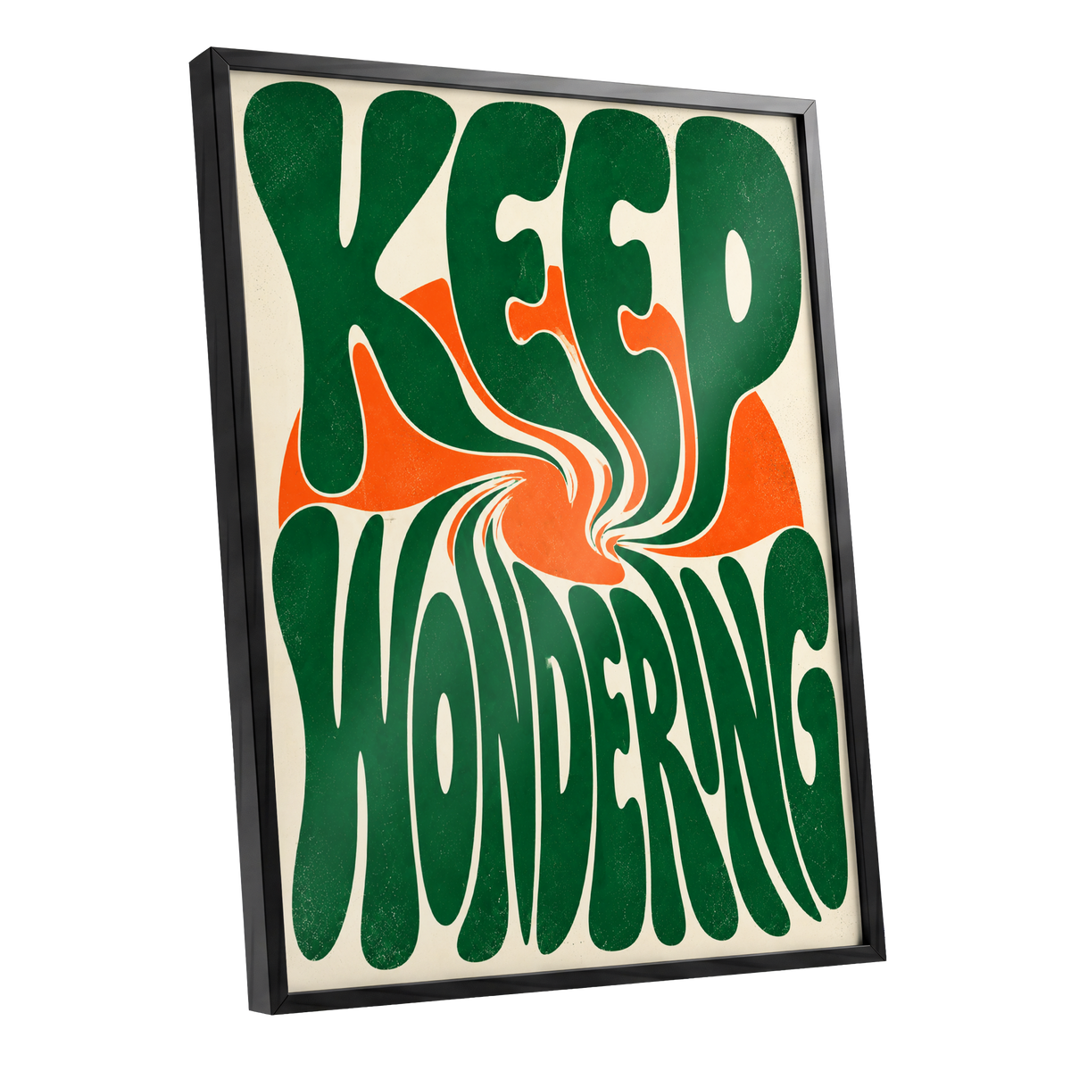 Wonder in a Whirl, green, orange, beige abstract wall art shown as a black framed poster wall art print