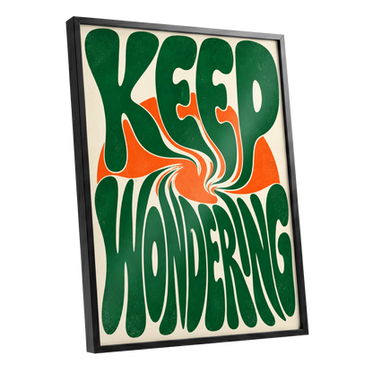 Wonder in a Whirl, green, orange, beige abstract wall art shown as a black framed poster wall art print