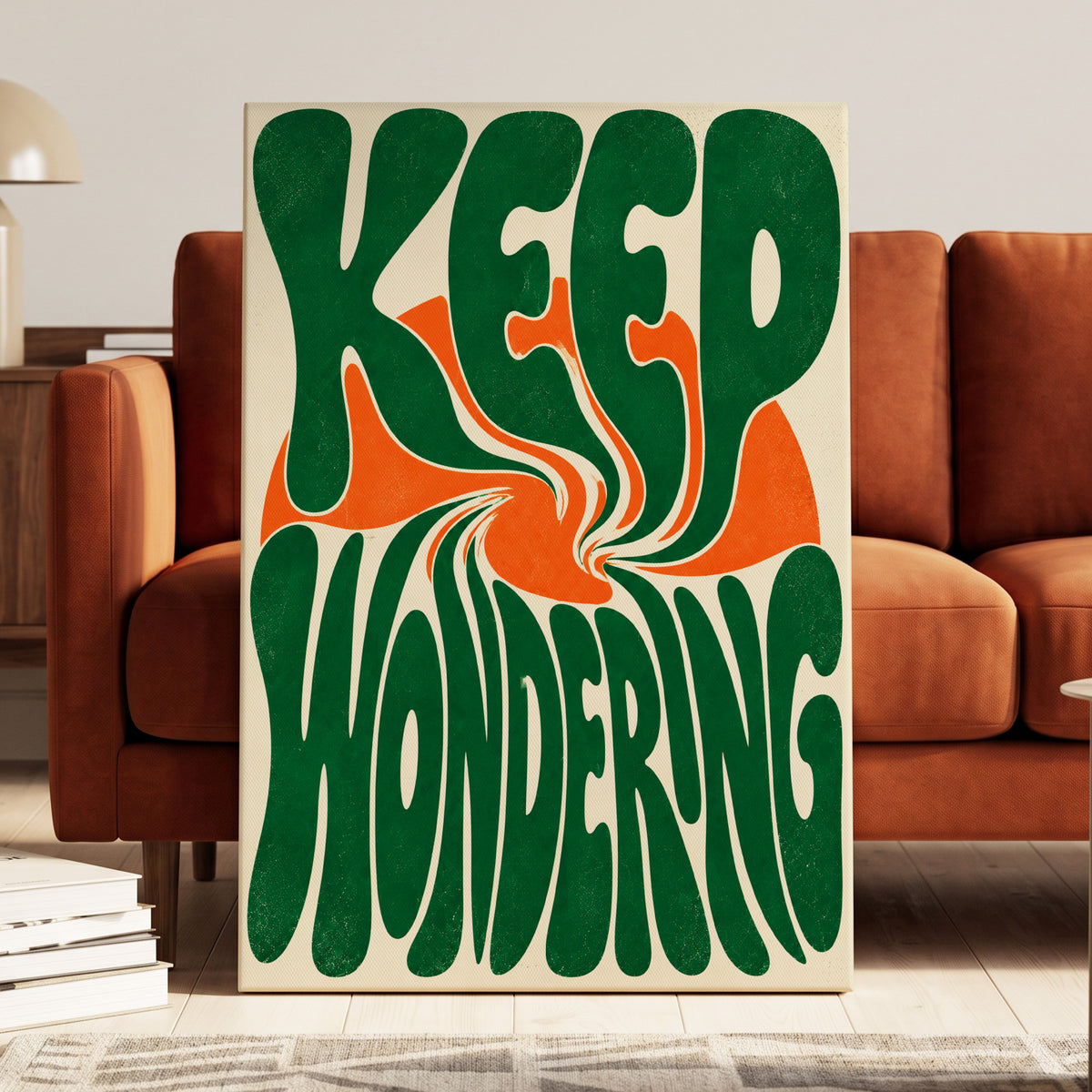 Wonder in a Whirl, green, orange, beige abstract wall art on canvas displayed in a styled interior, gallery view 1
