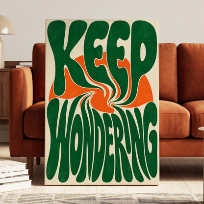 Wonder in a Whirl, green, orange, beige abstract wall art on canvas displayed in a styled interior, gallery view 1