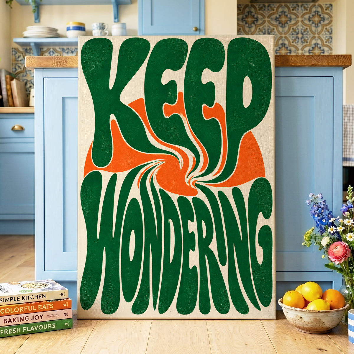 Wonder in a Whirl, green, orange, beige abstract wall art on canvas displayed in a styled interior, gallery view 2