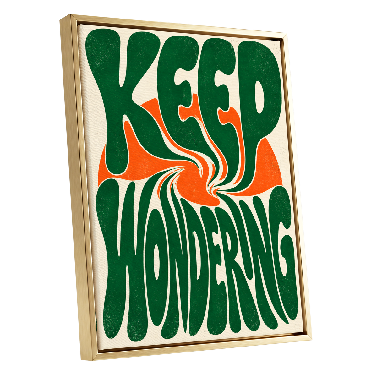 Wonder in a Whirl, green, orange, beige abstract wall art shown as a gold framed canvas wall art