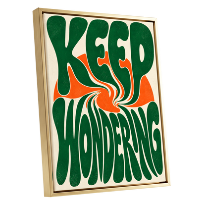 Wonder in a Whirl, green, orange, beige abstract wall art shown as a gold framed canvas wall art