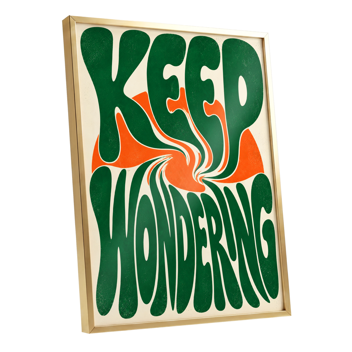 Wonder in a Whirl, green, orange, beige abstract wall art shown as a gold framed poster wall art print