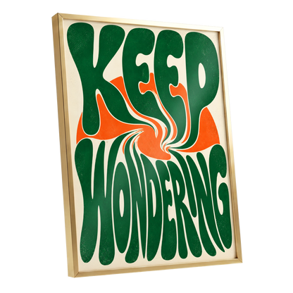 Wonder in a Whirl, green, orange, beige abstract wall art shown as a gold framed poster wall art print